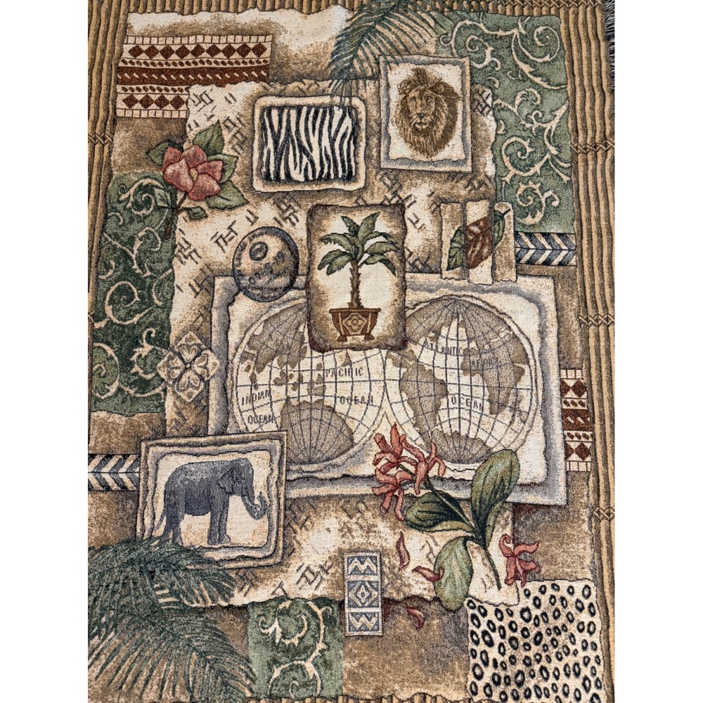Vintage Safari World Map Woven Tapestry Throw Blanket Elephant Lion Fringe Boho - Picture 2 of 4